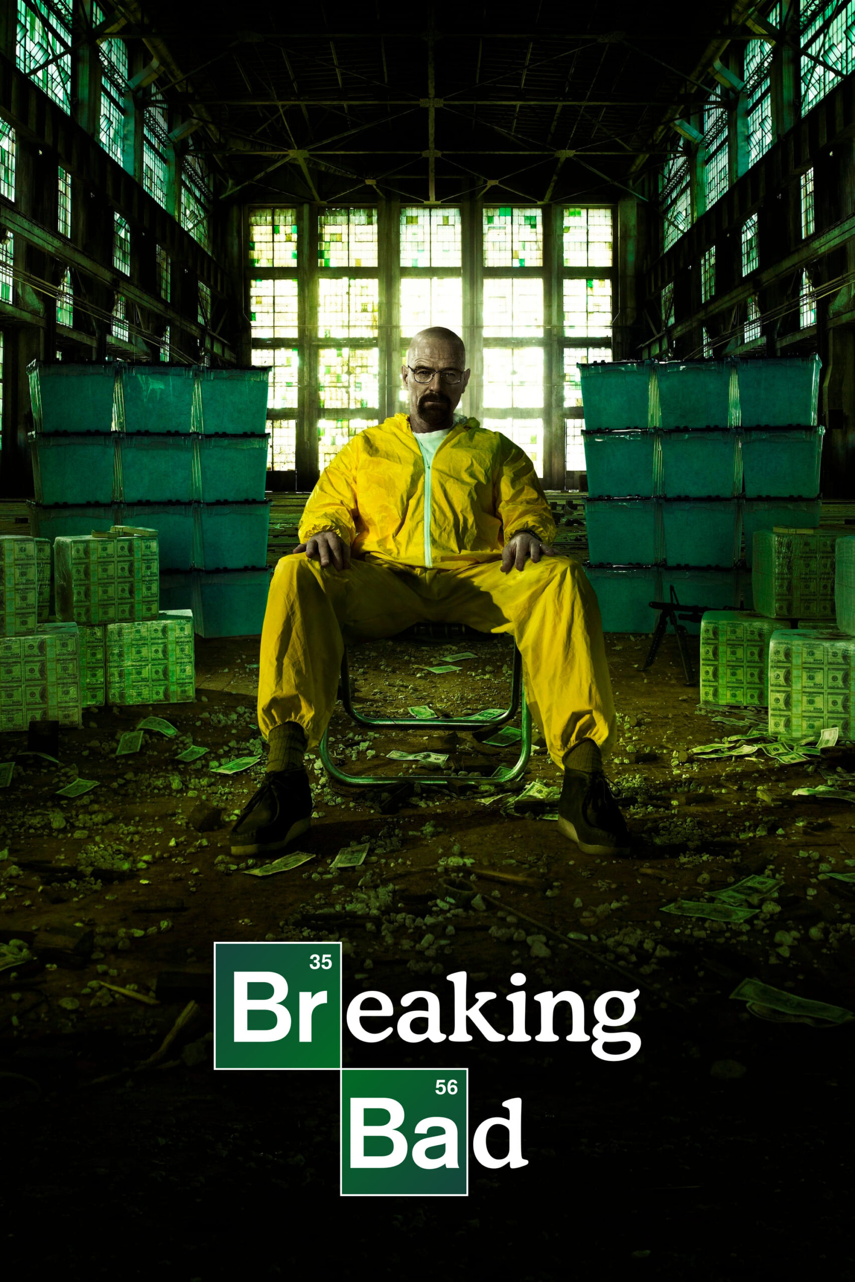 A man in a yellow hazmat suit sits surrounded by stacks of cash in an abandoned warehouse, with Breaking Bad and IPTV FRENCH displayed at the bottom of the image.