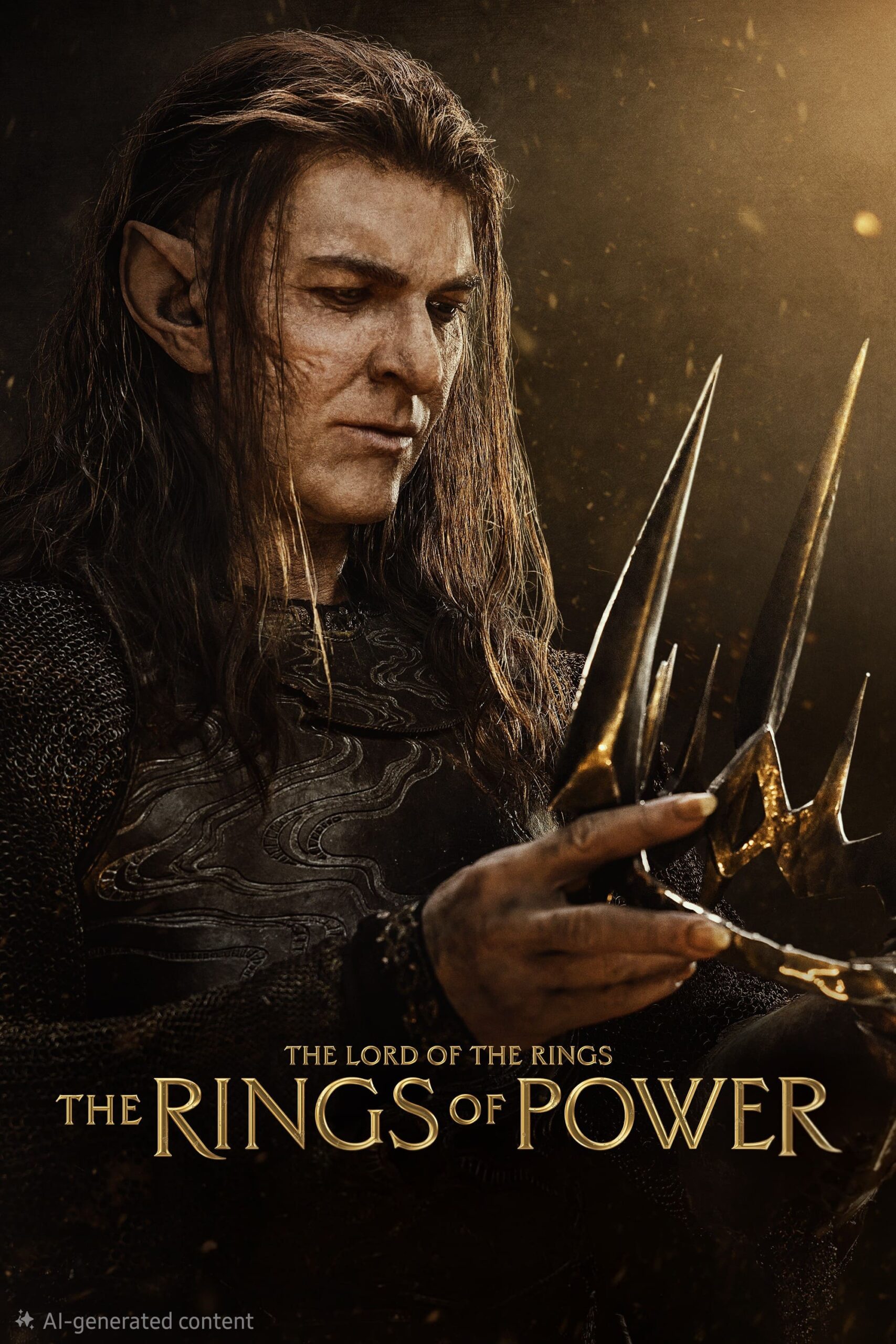 An elf with long dark hair and pointed ears examines a spiked, golden ring as golden text below reads The Lord of the Rings: The Rings of Power. Experience this epic tale on IPTV FRENCH for an immersive viewing adventure.
