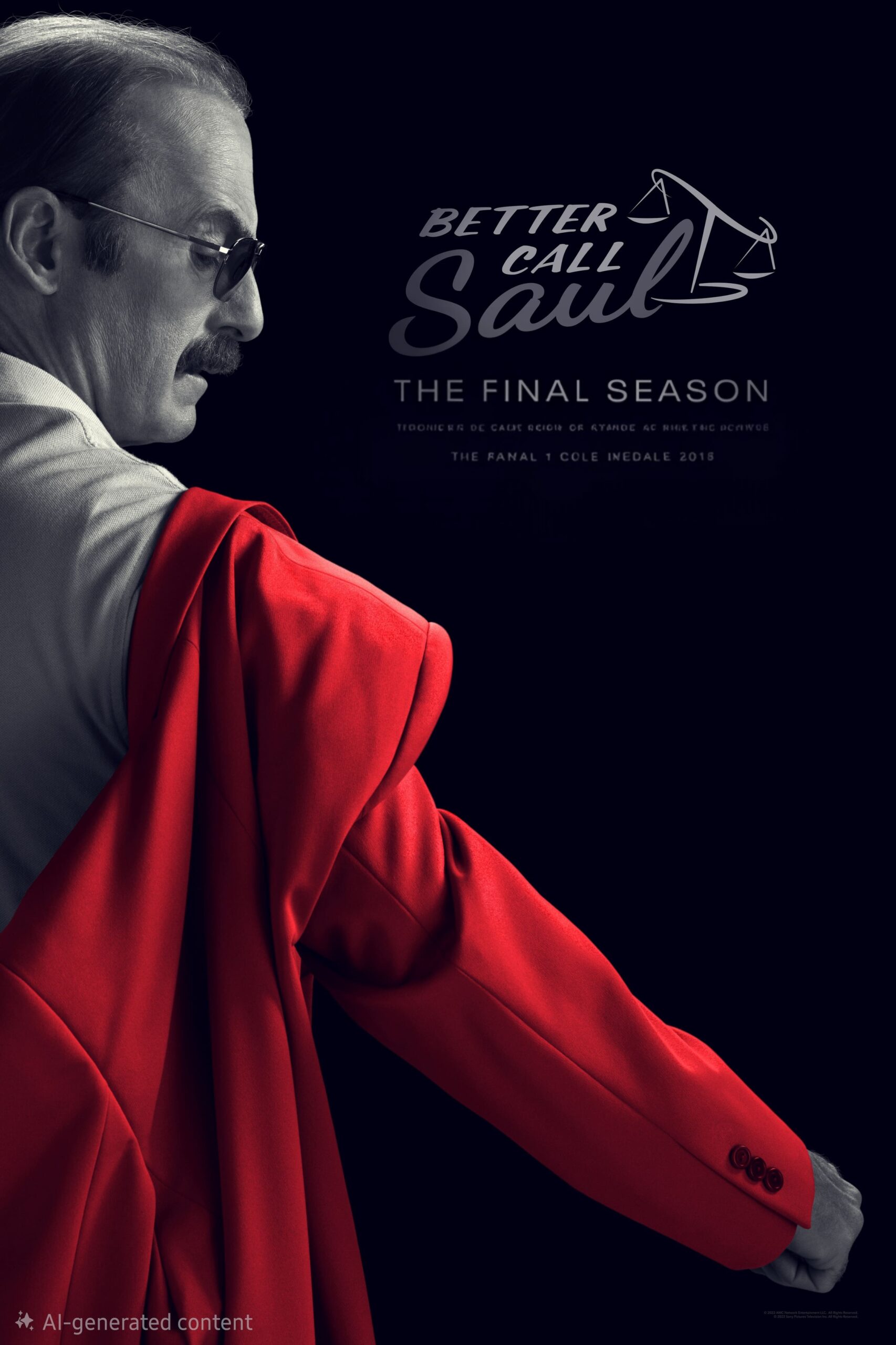 A man with glasses and a mustache, wearing a red suit jacket, looks over his shoulder on a dark background. Text reads Better Call Saul: The Final Season, featuring exclusive IPTV FRENCH streaming options.