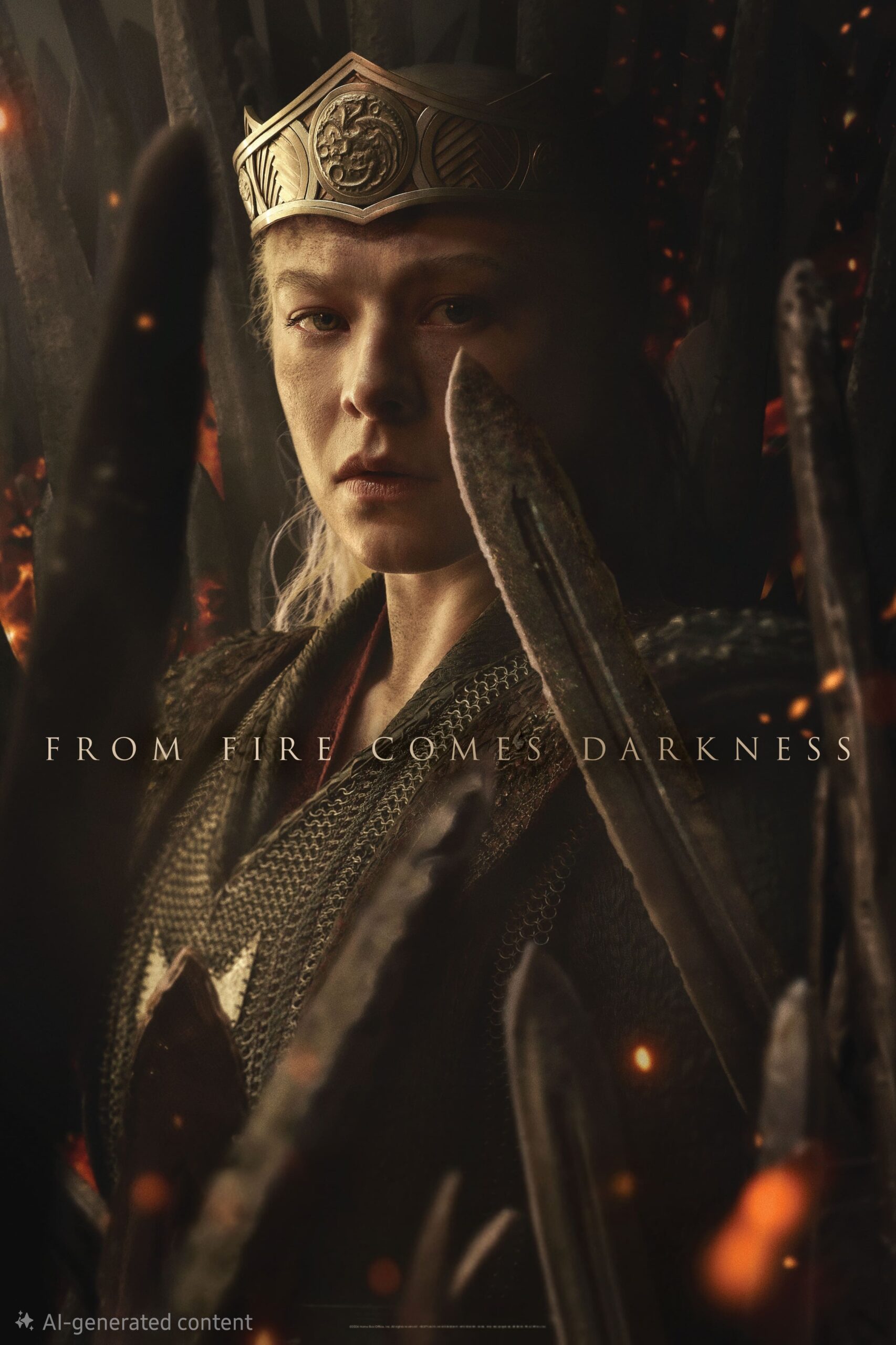 A stern person in a crown sits on a throne made of swords, surrounded by embers. Text across the image reads, FROM FIRE COMES DARKNESS. Subtle hints of IPTV FRENCH stream along the background, adding an enigmatic modern twist to the scene.