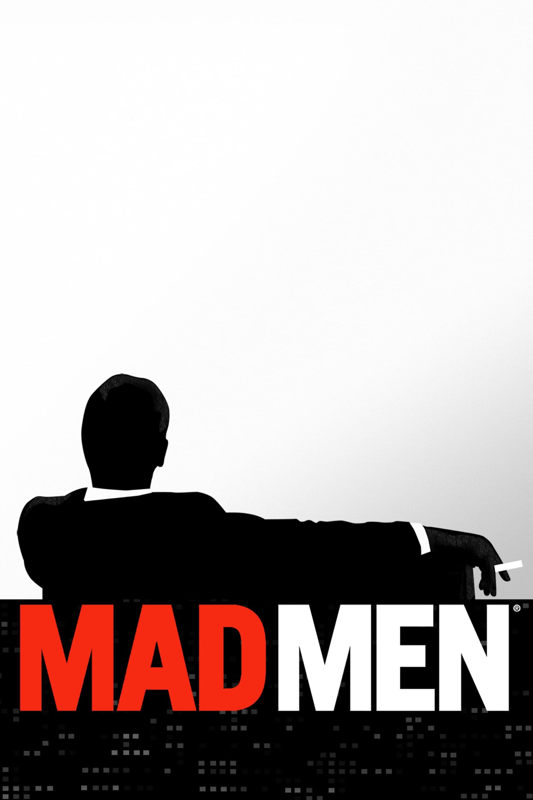 Silhouette of a man in a suit with an arm draped over a couch, holding a cigarette, above the large red and white text MAD MEN on a black background with cityscape details, evocative of classic style now accessible through IPTV FRENCH streaming.