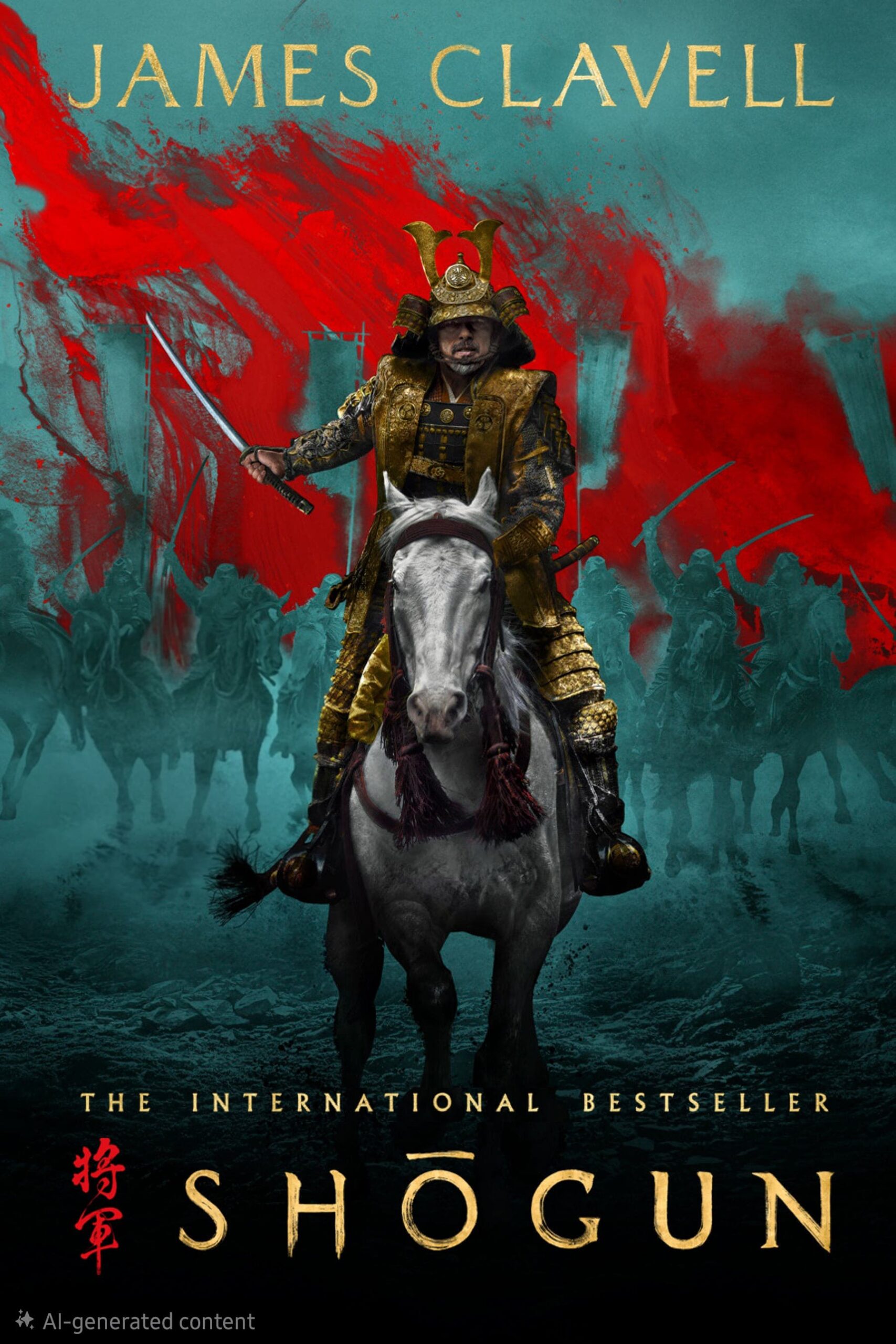A samurai in gold armor rides a white horse, holding a sword. Red brush strokes and mounted warriors are in the background, evoking a scene as vivid as an IPTV FRENCH drama. The text reads James Clavell, The International Bestseller, Shogun.