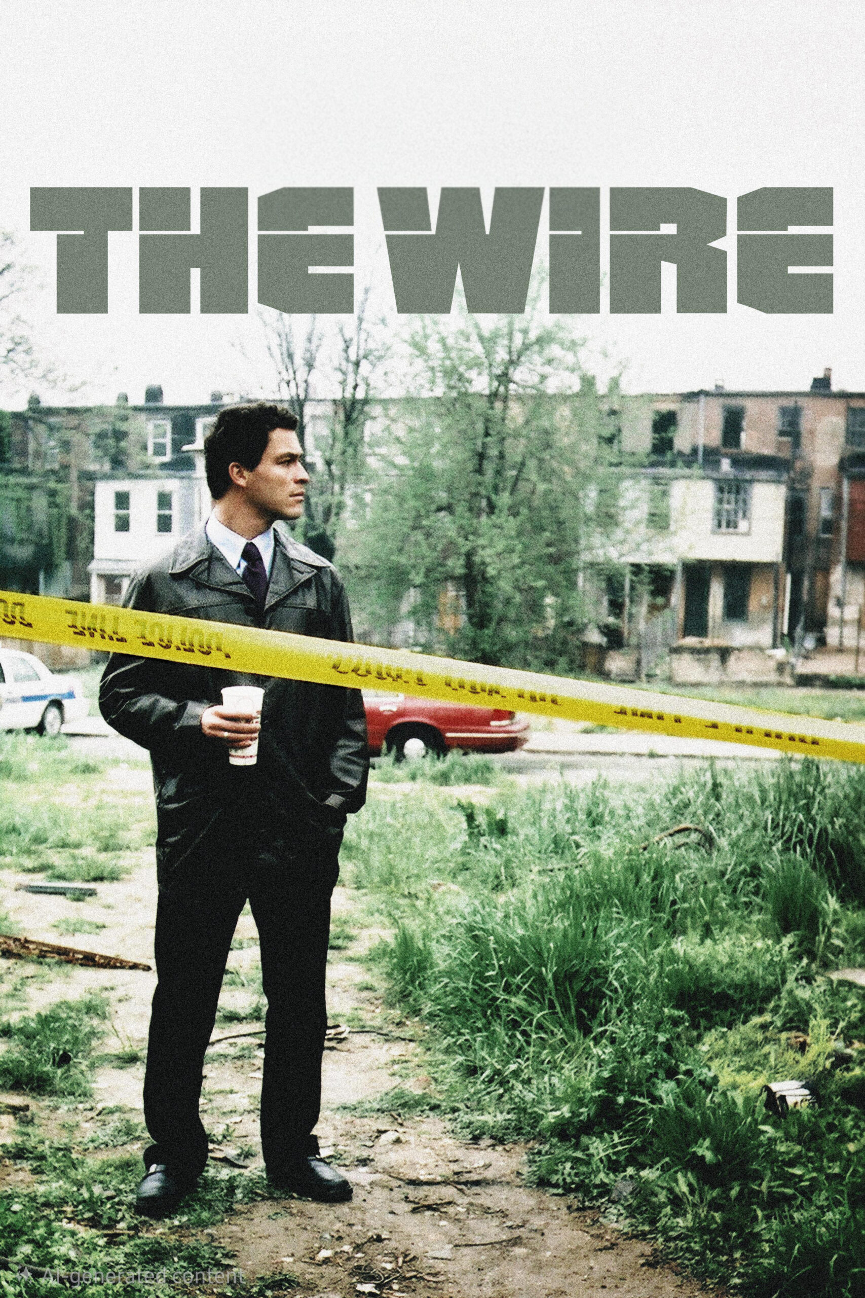 A man in a suit stands by yellow police tape in a grassy, urban lot. He holds a coffee cup, with rundown row houses and a red car in the background. THE WIRE title is above him in bold gray letters, capturing the gritty realism fans have come to love—now available to stream via IPTV FRENCH for even wider audiences.