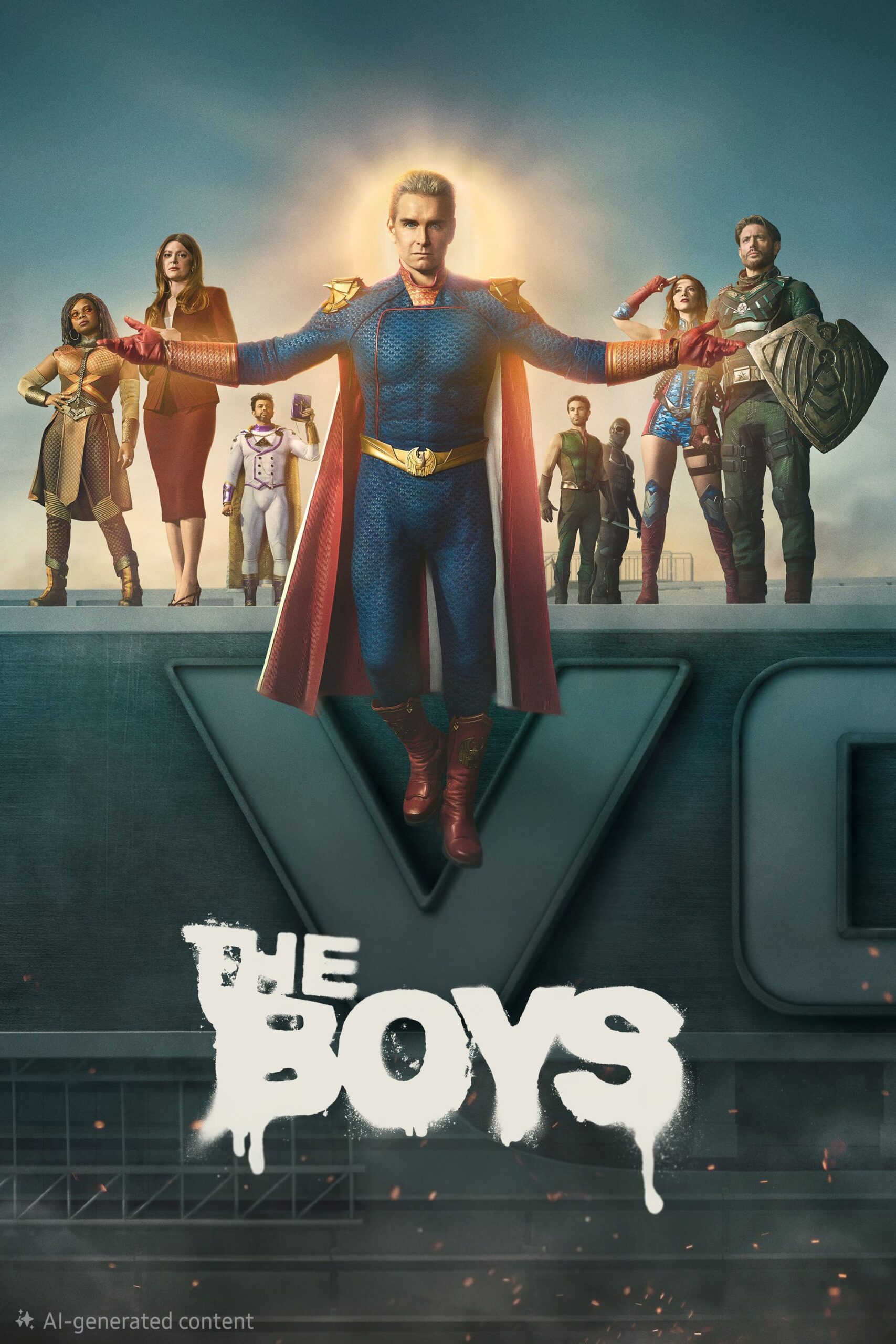 A group of costumed superheroes stands on a rooftop, with one flying in the center. Streaming via IPTV FRENCH, the title The Boys is displayed at the bottom in bold, white, stylized text.