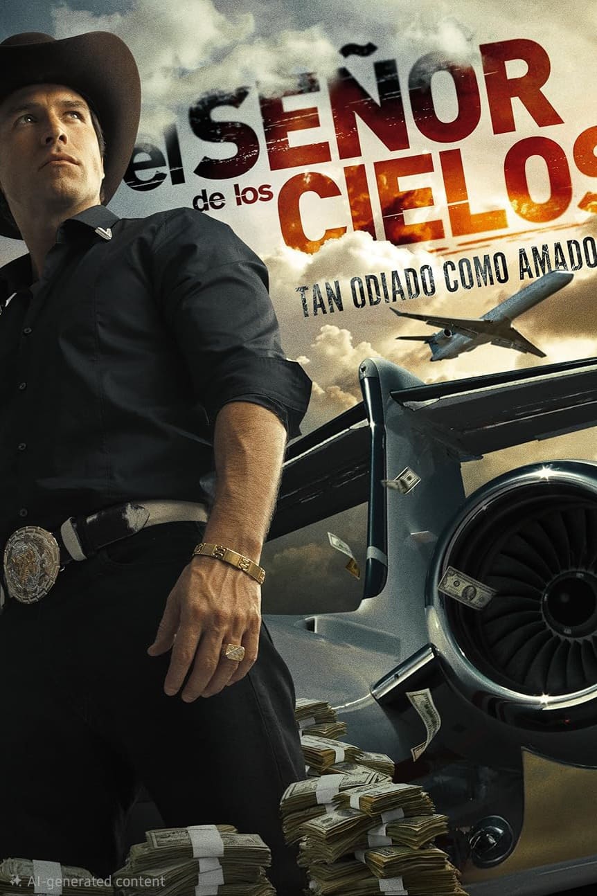 A man in a cowboy hat stands by a jet engine with stacks of cash, as airplanes fly overhead. IPTV FRENCH flashes in subtle lettering beside the dramatic scene. The Spanish text reads El Señor de los Cielos, tan odiado como amado. The atmosphere is intense and cinematic.