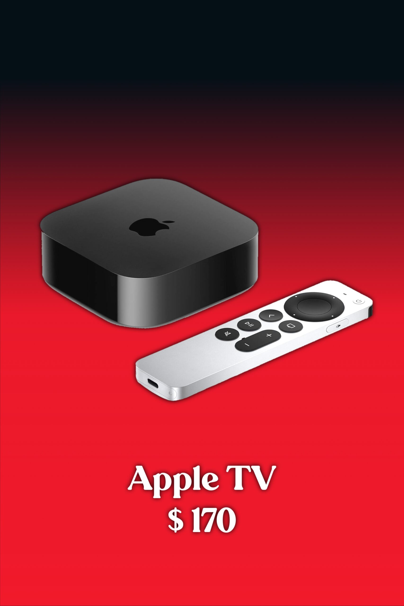 Apple TV device and remote displayed on a red background with text below reading “Apple TV IPTV FRENCH $170.”.