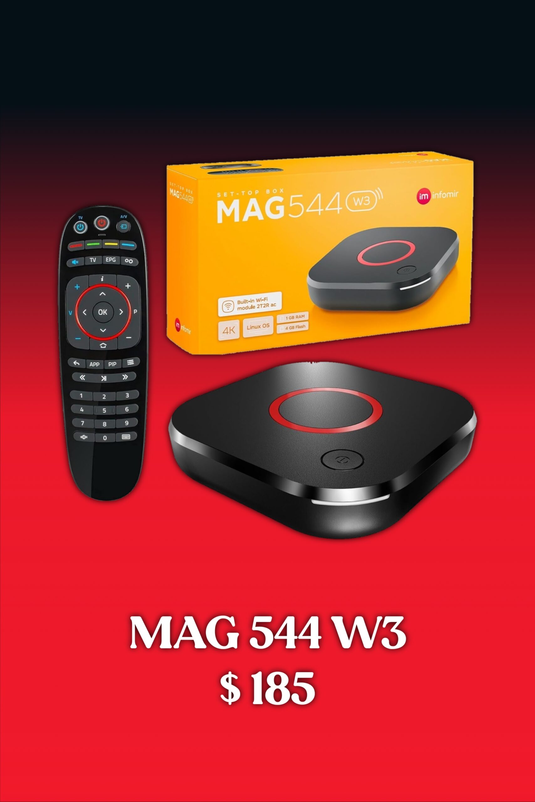MAG 544 W3 IPTV FRENCH TV box, remote control, and product box on a red-to-black gradient background. Price: $185.