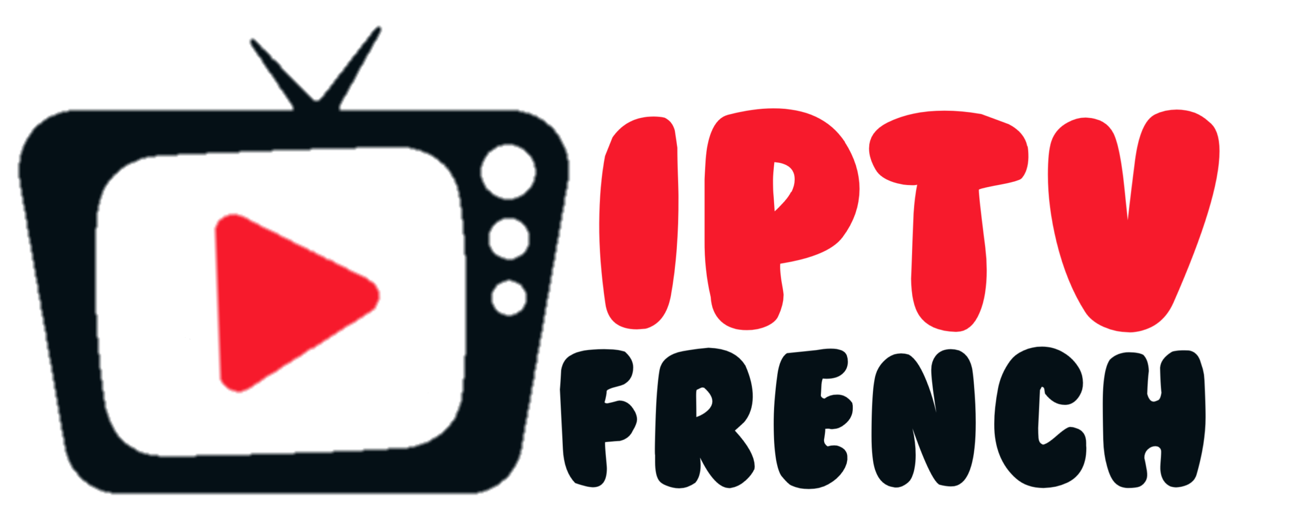 Red TV icon with a play button on the left, and the words IPTV FRENCH to the right, where IPTV is in white text and FRENCH is in red.