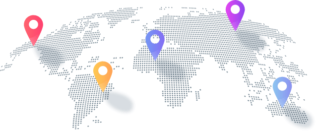 A dotted world map with five colorful map pins placed in various locations across different continents, highlighting the global reach of IPTV FRENCH services.